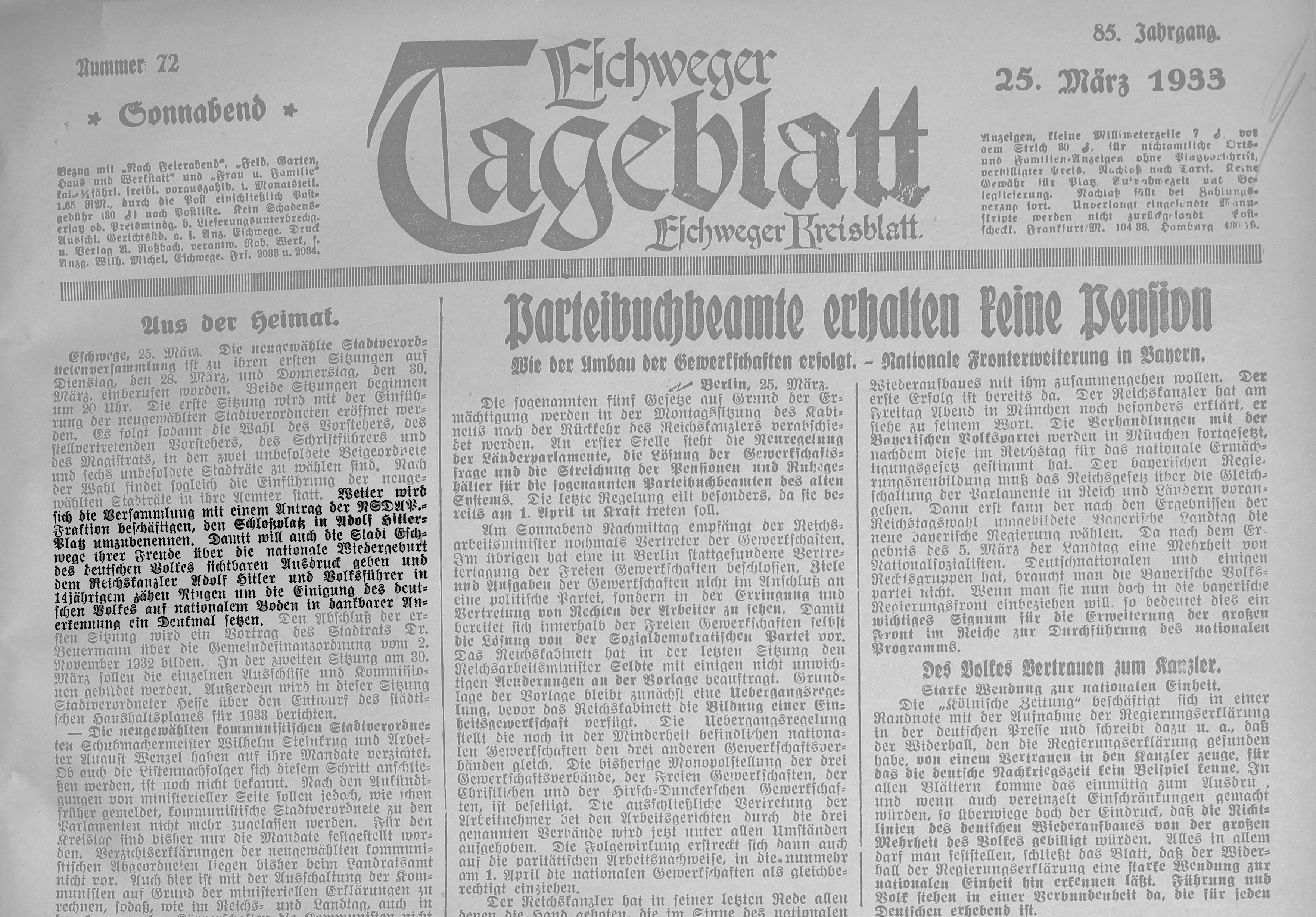 Die NSDAP-Fraktion fordert die Umbenennung des Schlossplatzes