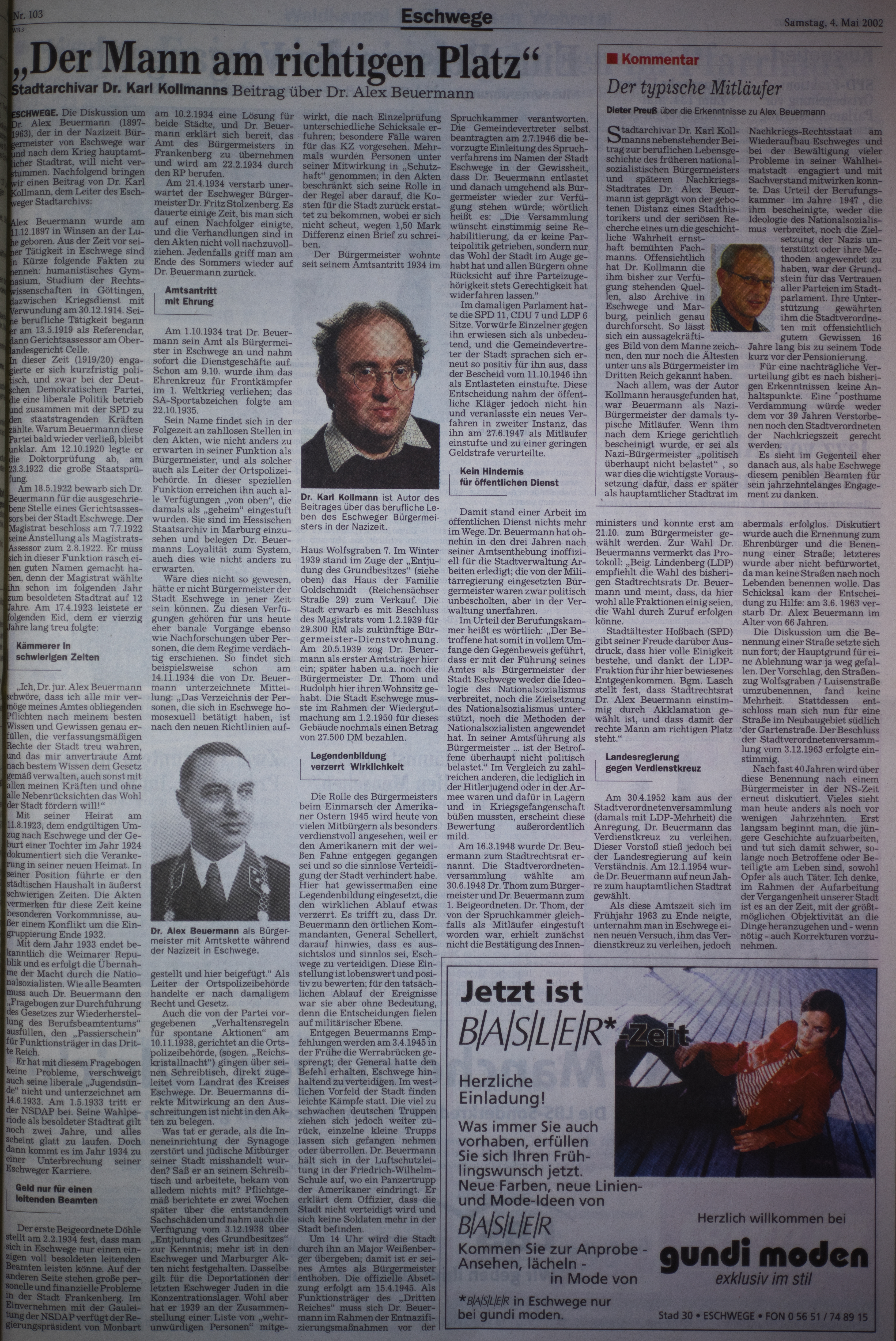 Bericht des Stadtarchivars Dr. Karl Kollmann, Werra Rundschau, 4.05.2002